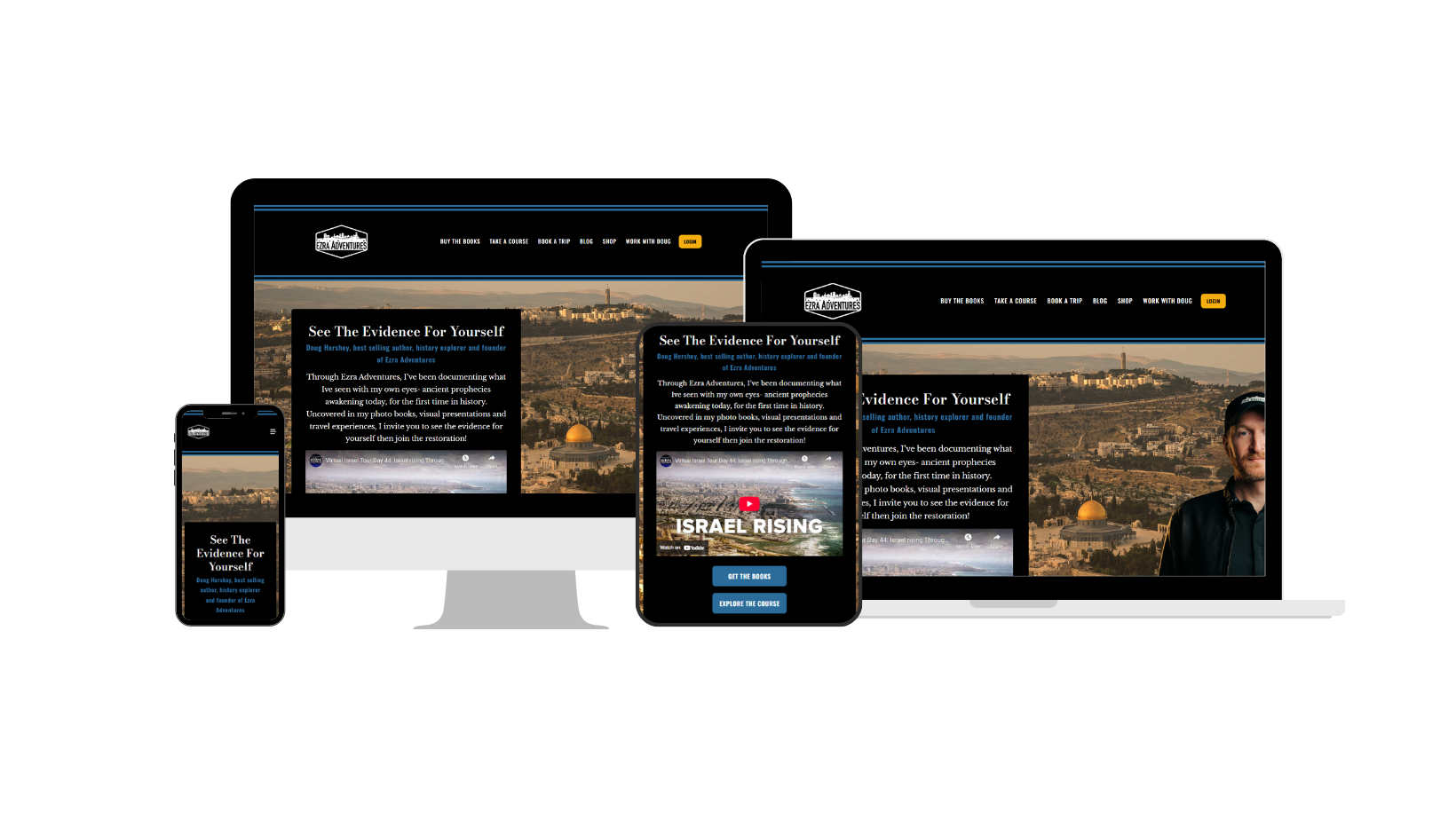 Different Electronic Devices showing Ezra Adventures Website on Screens