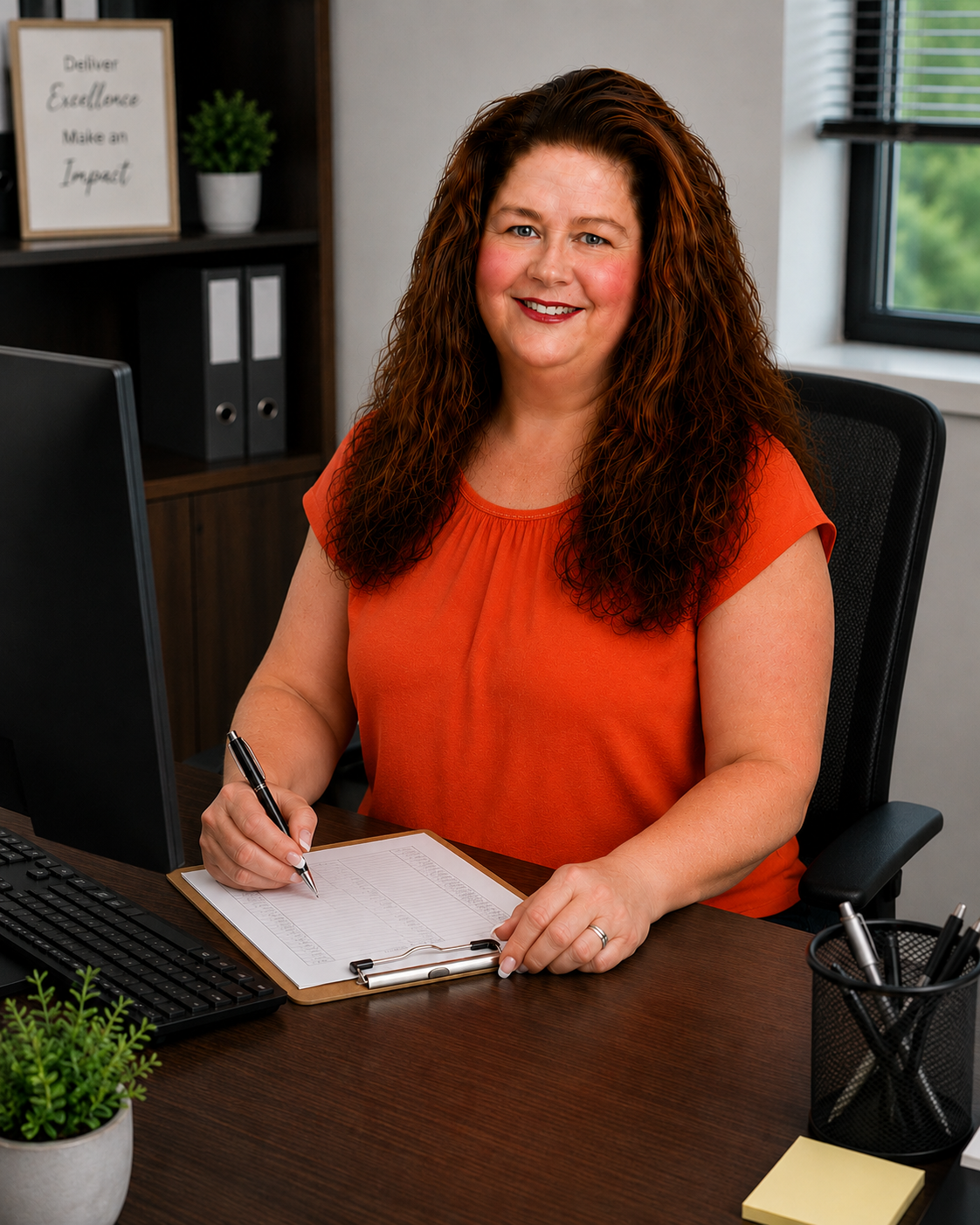 Sabrina Koncaba sitting at desk taking notes and smiling